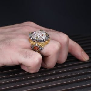 Rodaj Kaplamalı Dantelli Akik Taşlı 925 Ayar Erkek Gümüş Yüzük