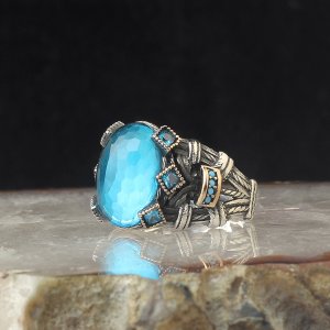 Blue Topaz Taşlı 925 Ayar Gümüş Erkek Yüzük