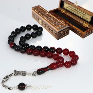 Kişiye Özel Gümüş İsim Yazılı Kutulu Ateş Kehribar Tesbih