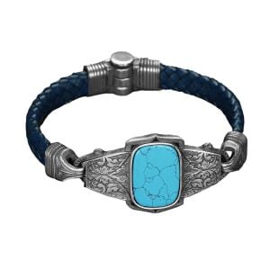 Kalem İşlemeli Firuze Taşlı Model 925 Ayar Erkek Gümüş Deri Bileklik