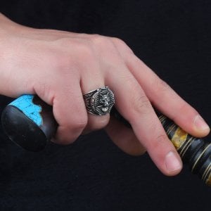 Eskitme Model Kurt Simgeli 925 Ayar Gümüş Erkek Yüzük