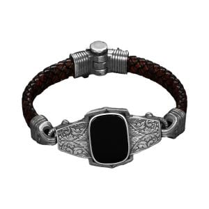 Kalem İşlemeli Oniks Taşlı Model 925 Ayar Erkek Gümüş Deri Bileklik