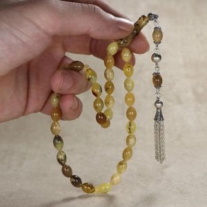 Gümüş Püsküllü Fosilli Arpa Kesim Damla Kehribar Tesbih