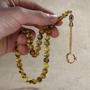 Altın Kaplama Gümüş Püsküllü Fosilli Damla Kehribar Tesbih