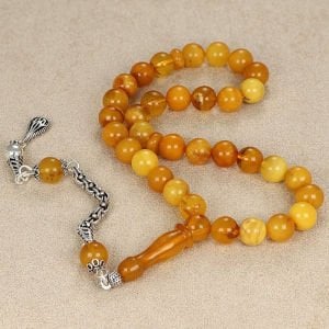 Fırınlanmış Küre Kesim Gümüş Püsküllü Damla Kehribar Tesbih