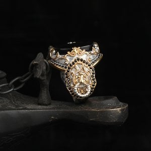 Rodaj Kaplama Oniks Taşlı Aslan Simgeli Gümüş Erkek Yüzük