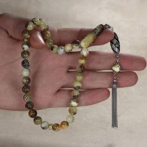 Gümüş Püsküllü Fosilli Damla Kehribar Tesbih