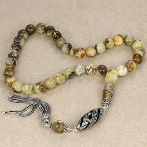 Gümüş Püsküllü Fosilli Damla Kehribar Tesbih