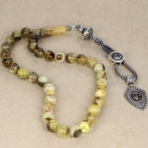 Gümüş Püsküllü Fosilli Damla Kehribar Tesbih