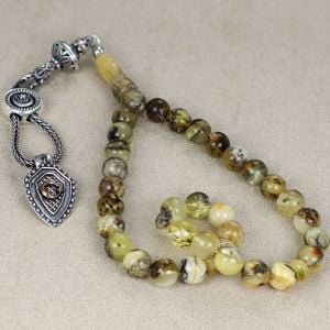 Gümüş Püsküllü Fosilli Damla Kehribar Tesbih