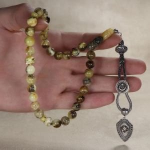 Gümüş Püsküllü Fosilli Damla Kehribar Tesbih