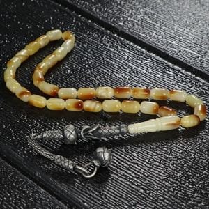 Kaya Kenarlarından Yapılma Gümüş Kazaz Püsküllü Damla Kehribar Tesbih