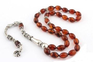 Damla Kehribar Tesbih Gümüş İmame ve Püsküllü