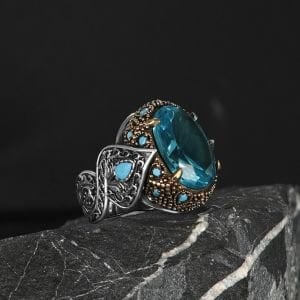 925 Ayar Erkek Gümüş Blue Topaz Taşlı Yüzük