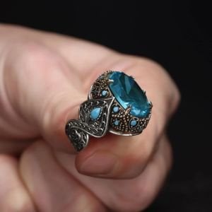 925 Ayar Erkek Gümüş Blue Topaz Taşlı Yüzük