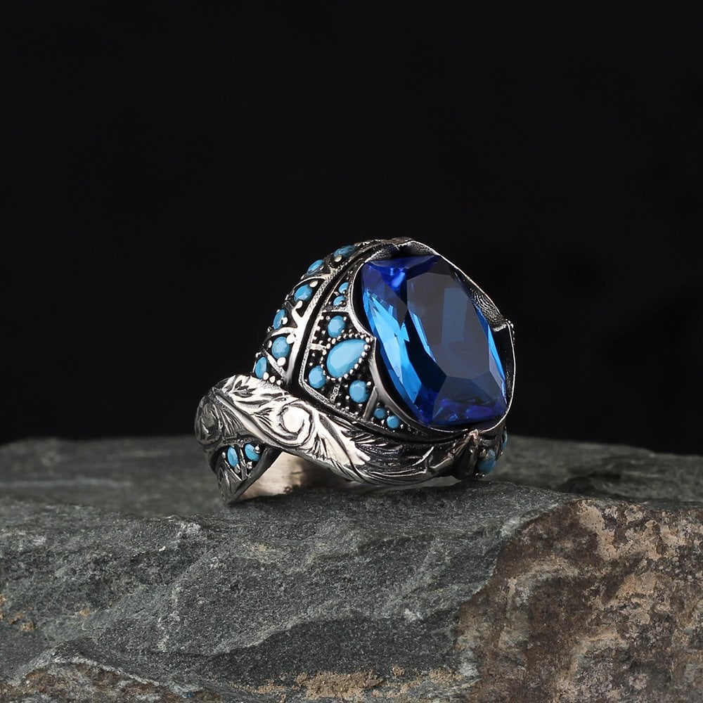 Blue Topaz Taşlı 925 Ayar Erkek Gümüş Yüzük