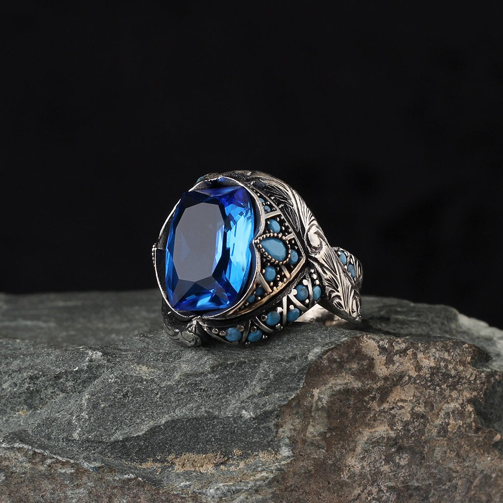Blue Topaz Taşlı 925 Ayar Erkek Gümüş Yüzük