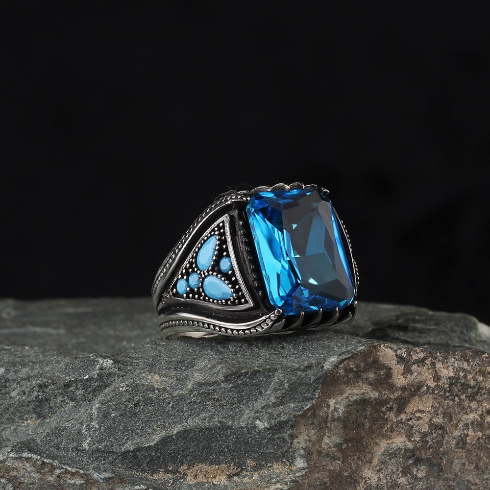 Blue Topaz Taşlı 925 Ayar Erkek Gümüş Yüzük