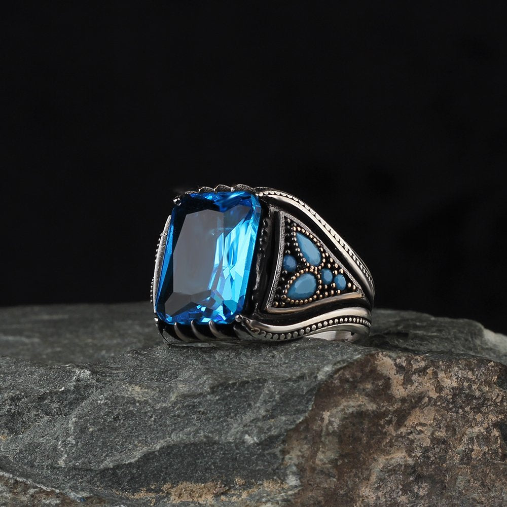 Blue Topaz Taşlı 925 Ayar Erkek Gümüş Yüzük