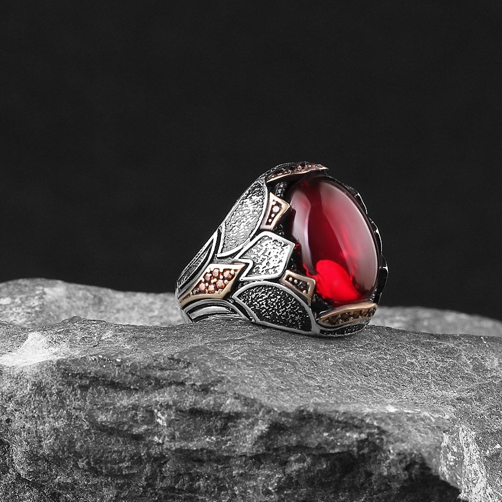 Zircon Stone-set Patterned 925 K Men's Silver Ring