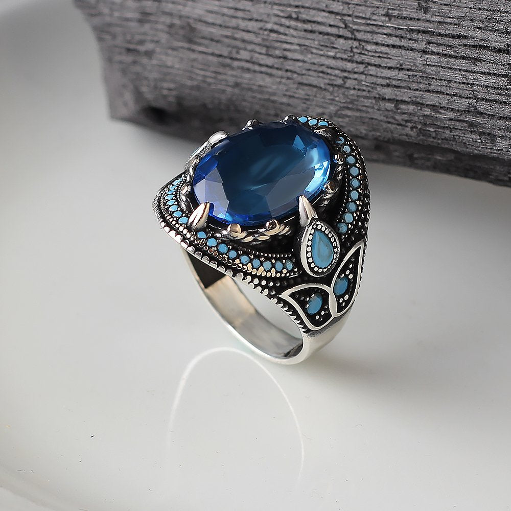 Blue Topaz Taşlı 925 Ayar Erkek Gümüş Yüzük