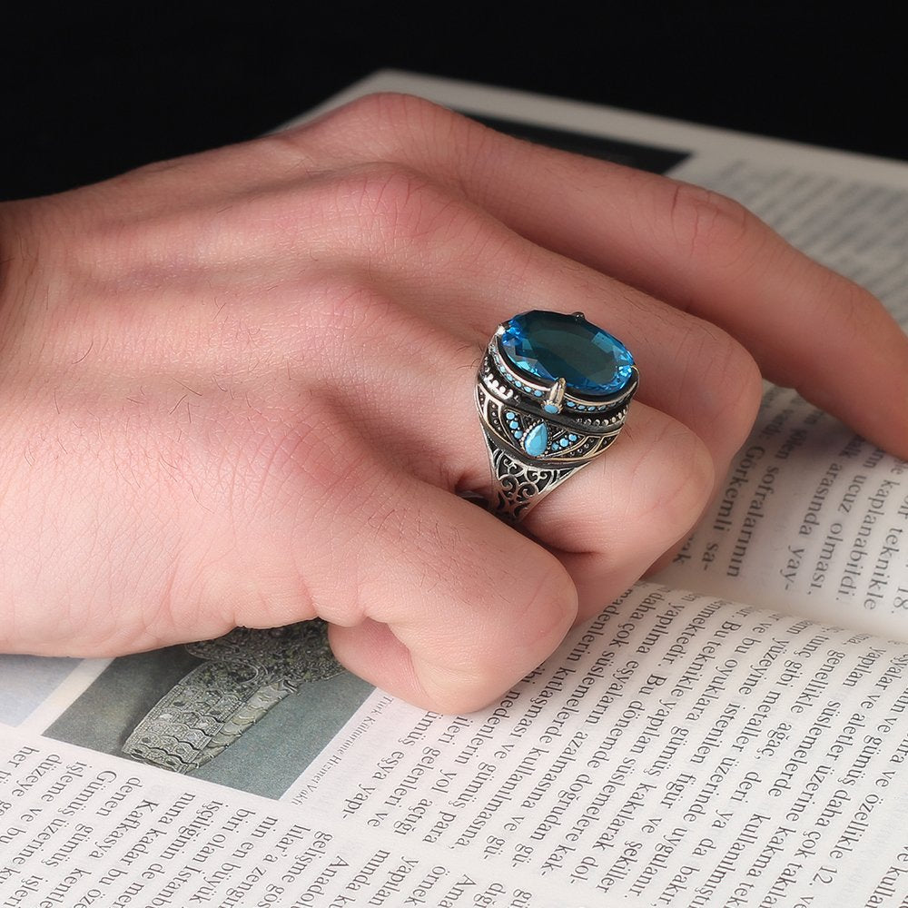 Blue Topaz Taşlı 925 Ayar Erkek Gümüş Yüzük