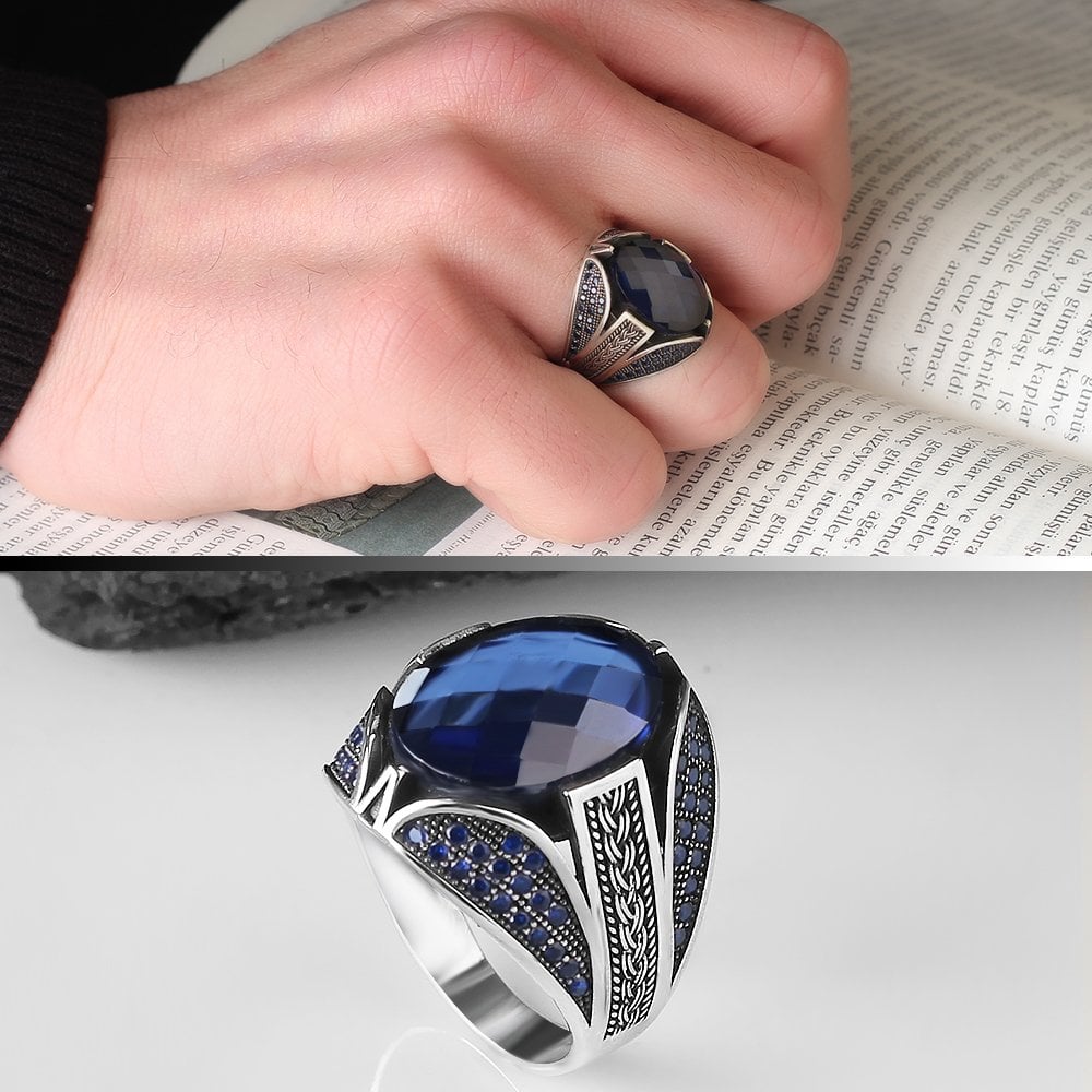 Parlament Blue Zircon Stone-set 925 K Men's Silver Ring