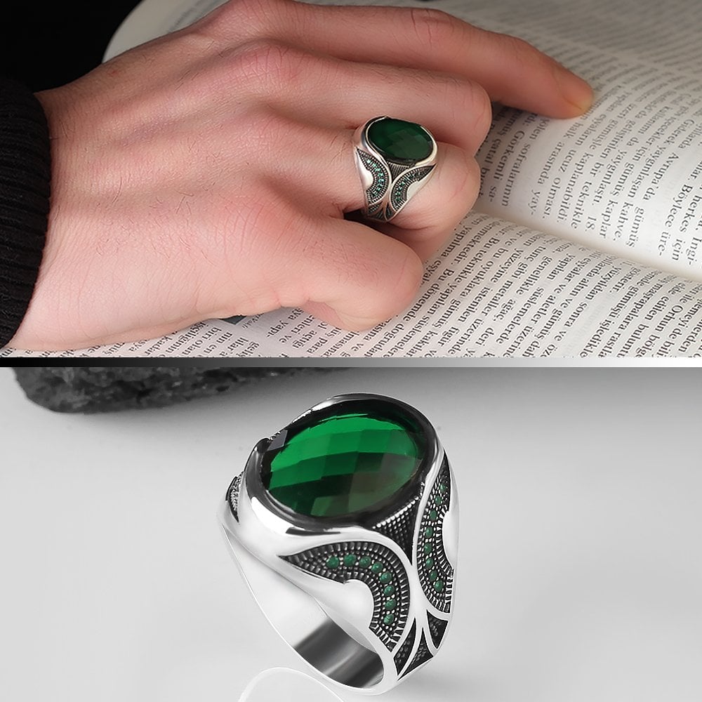 Green Zircon Stone-set 925 K Men's Silver Ring