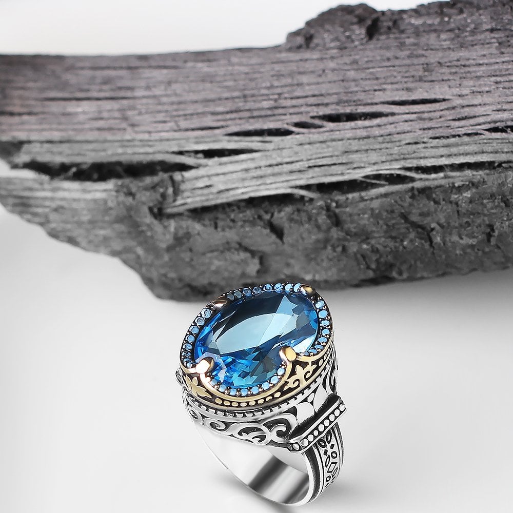 Blue Topaz Taşlı 925 Ayar Erkek Gümüş Yüzük