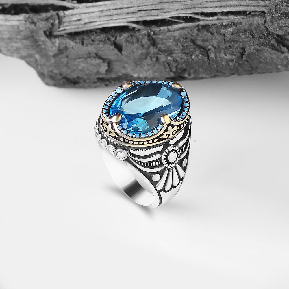 Blue Topaz Taşlı 925 Ayar Erkek Gümüş Yüzük