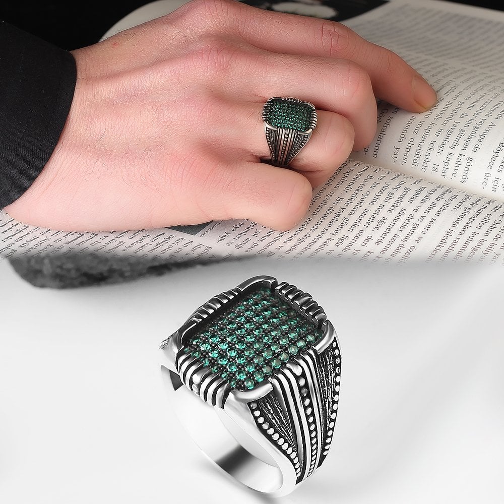 Mikro Stone-set Patterned 925 K Men's Silver Ring