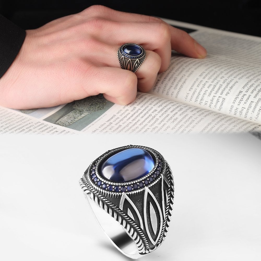 Parlament Blue Zircon Stone-set 925 K Men's Silver Ring
