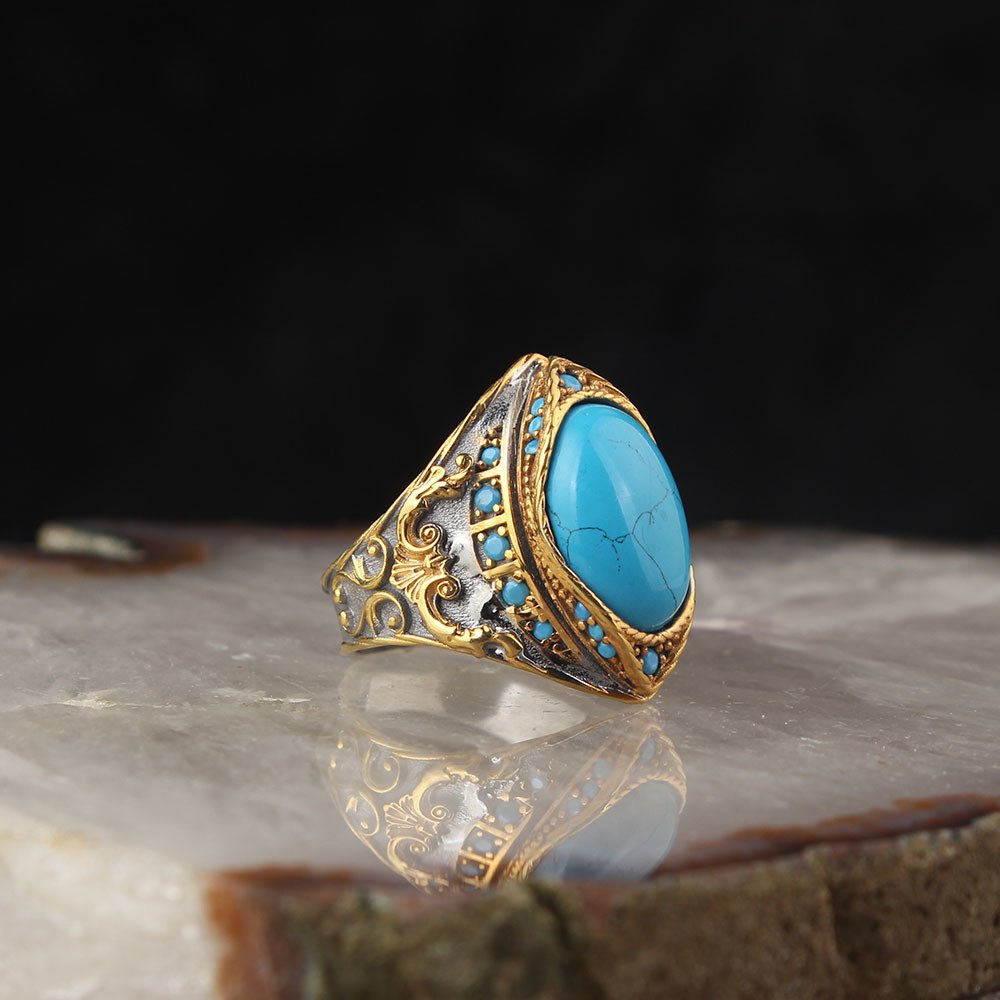 Rhodium Plated Turquoise Stone-set 925 K Silver Men's Ring