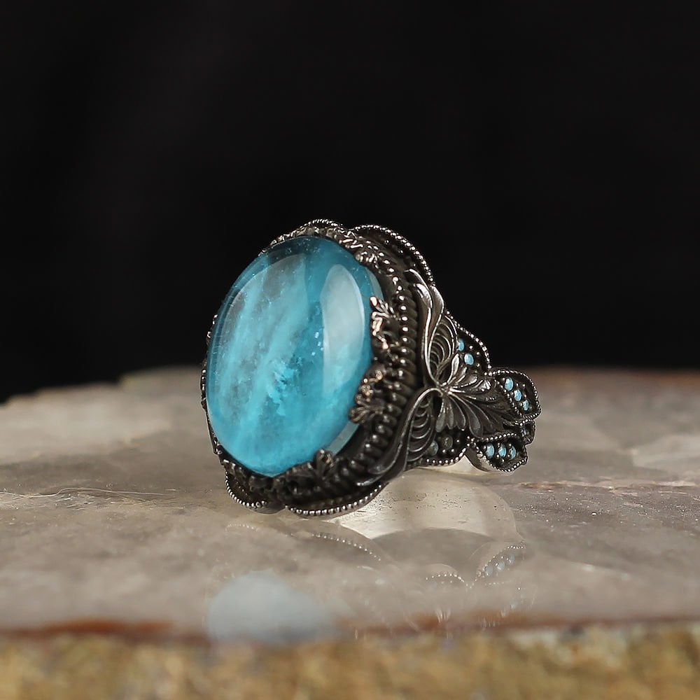 Paraiba Mavi Taşlı 925 Ayar Erkek Gümüş Yüzük