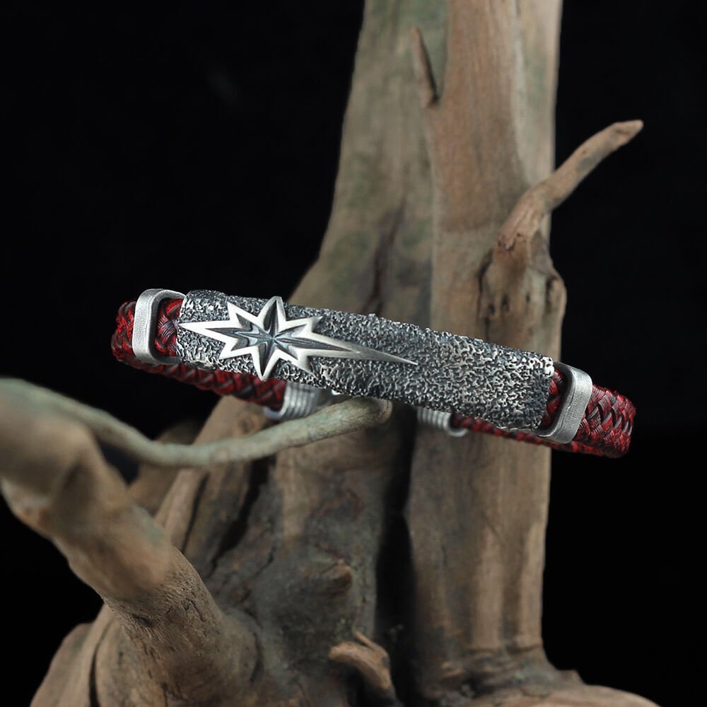 Kutup Yıldızı Model 925 Ayar Erkek Gümüş Deri Bileklik
