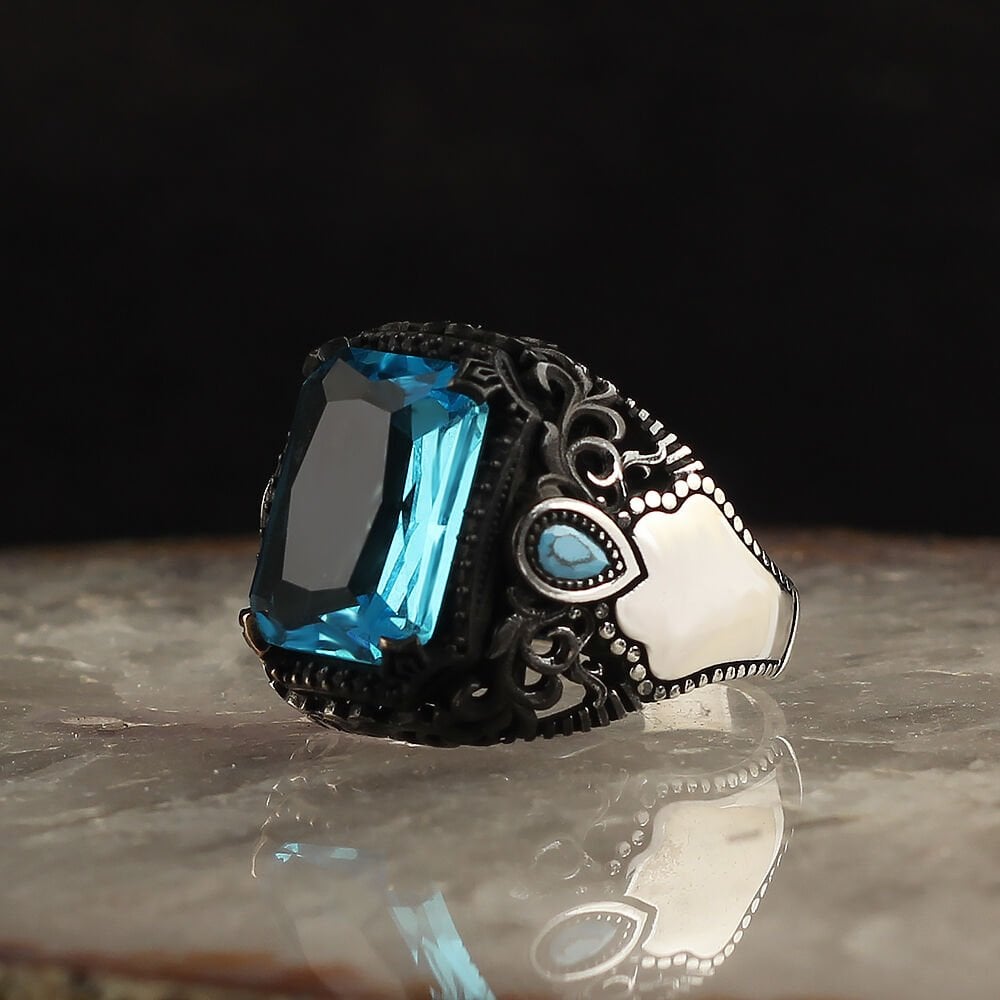 Aqua Marin Stone-set 925 K Men's Silver Ring