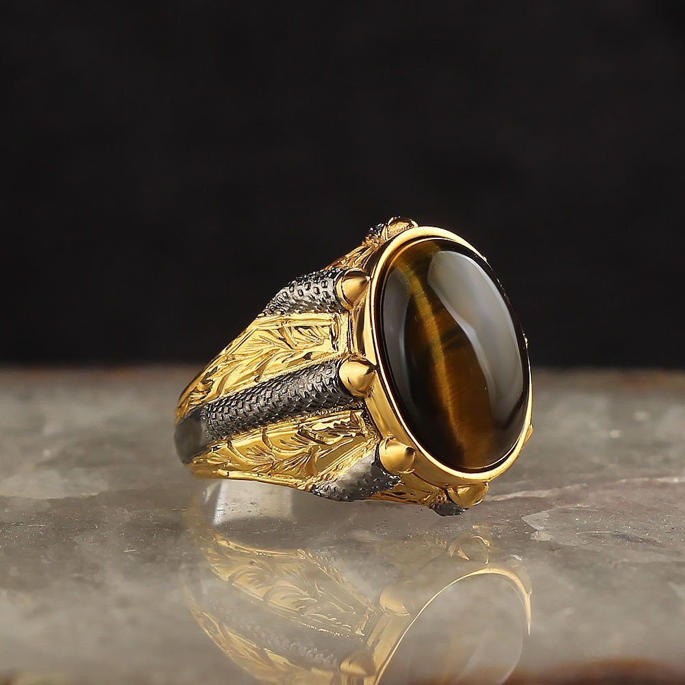 Rhodium Plated Tiger's Eye Stone-set 925 K Men's Silver Ring