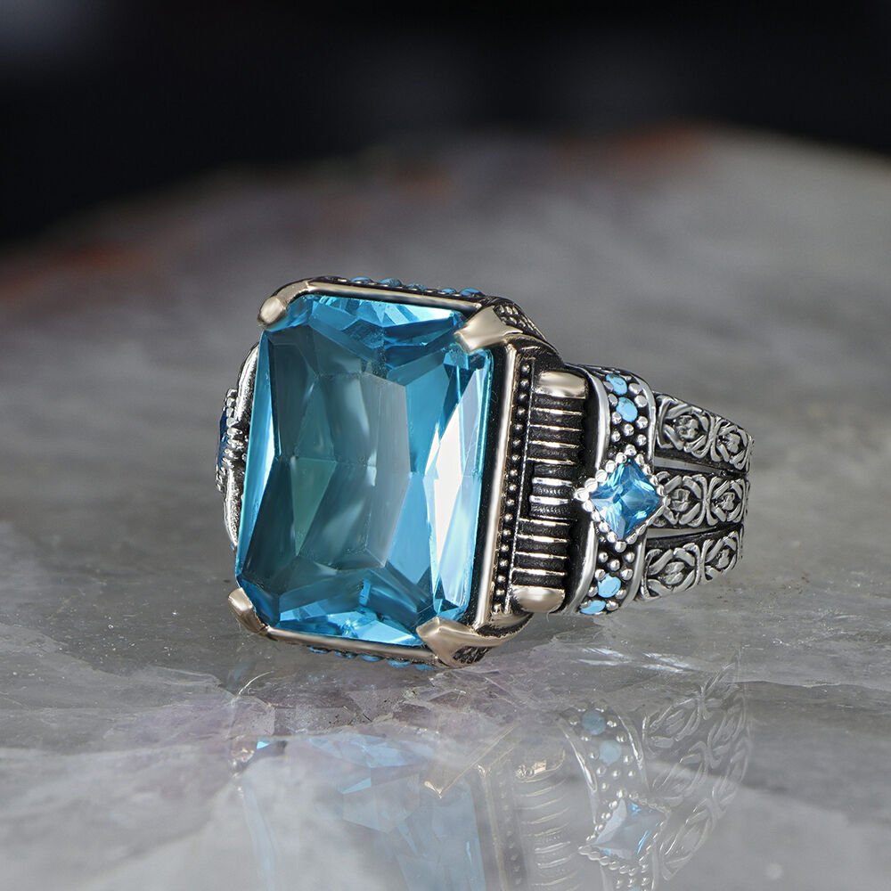 Zincir Serisi 925 Ayar Blue Topaz Taşlı Erkek Gümüş Yüzük