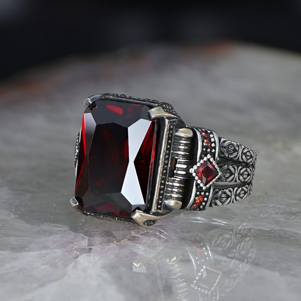Chain Serisi 925 K Red Zircon Men's Silver Ring