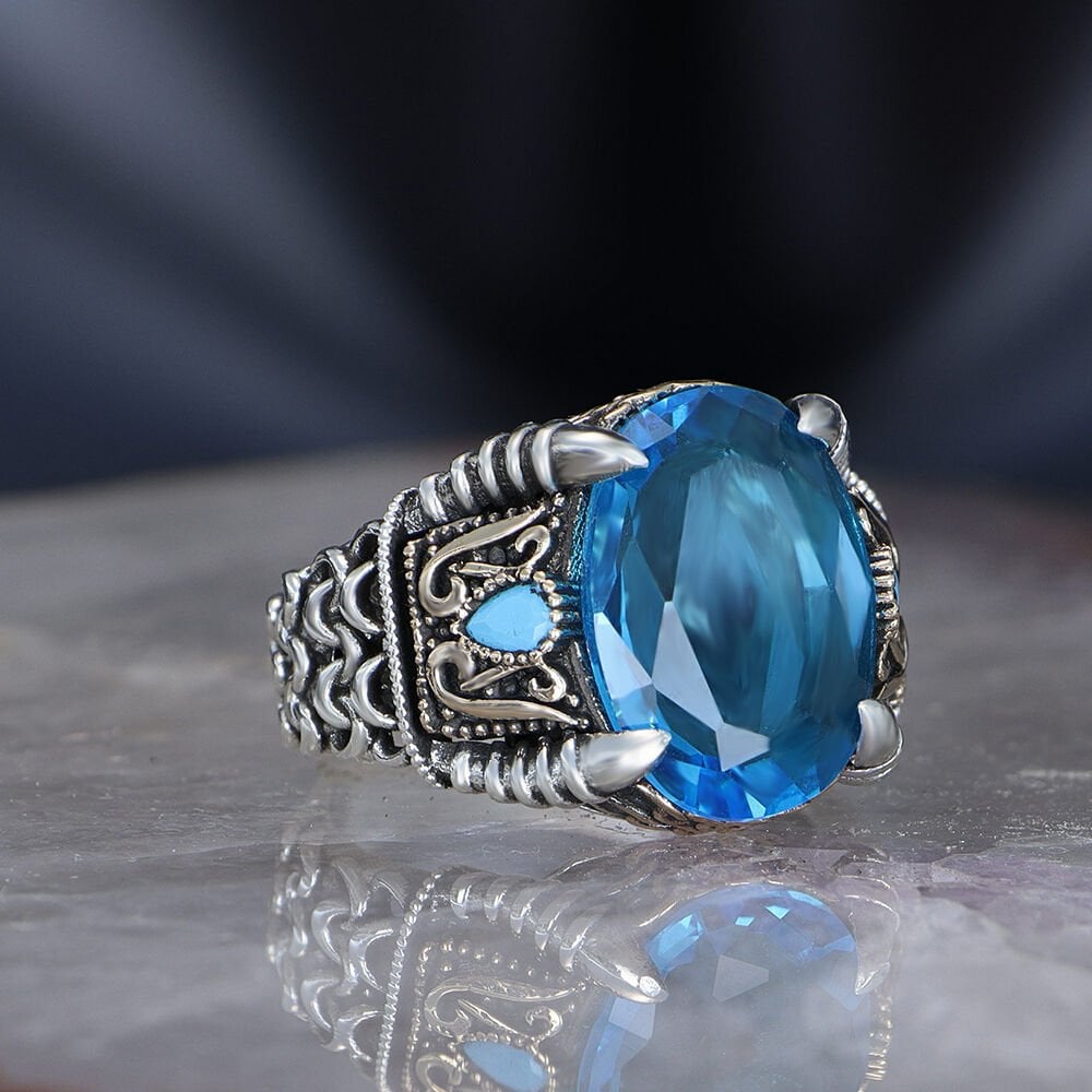 Zincir Serisi 925 Ayar Blue Topaz Erkek Gümüş Yüzük