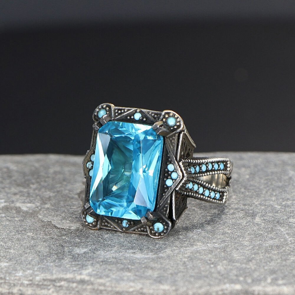 Blue Topaz Taşlı 925 Ayar Erkek Gümüş Yüzük