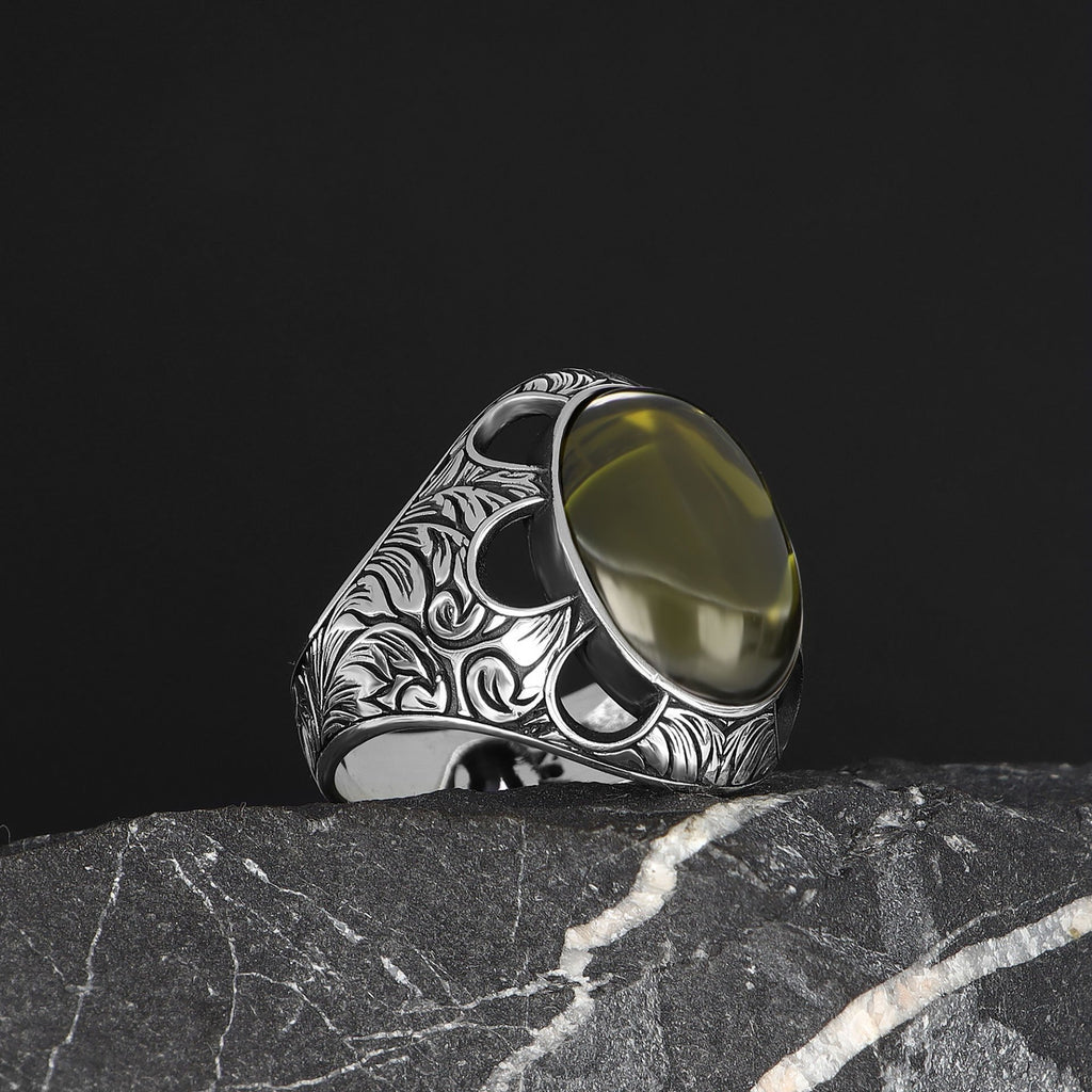 Desenli Model Peridot Taşlı 925 Ayar Erkek Gümüş Yüzük