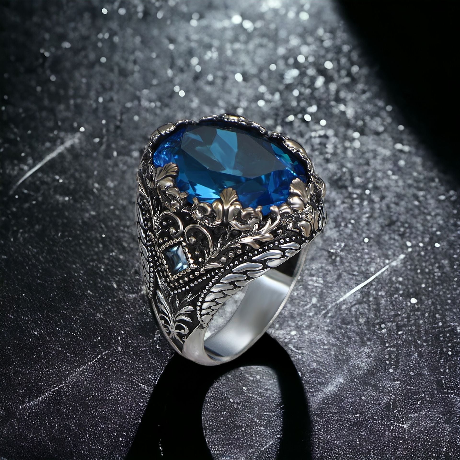 Blue Topaz  Taşlı 925 Ayar Erkek Gümüş Yüzük