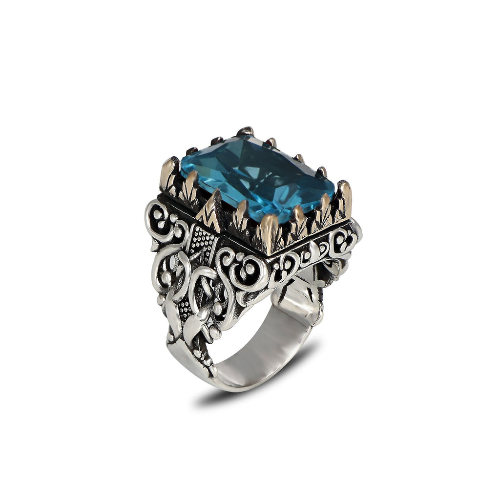 Blue Topaz  Taşlı Desenli Model Erkek Gümüş Yüzük