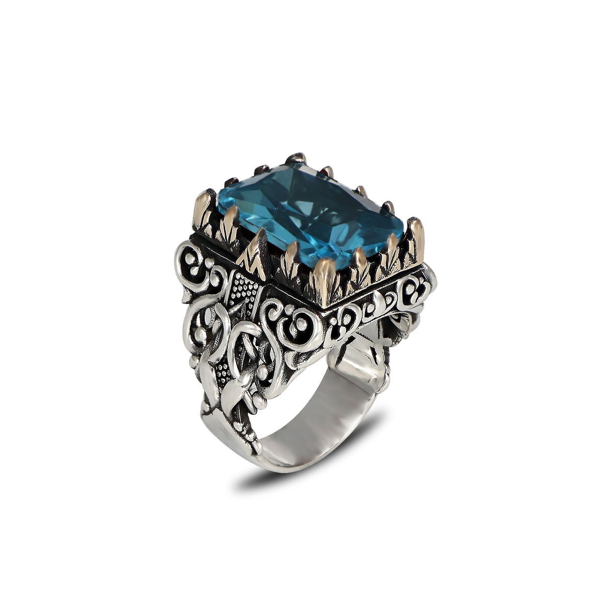 Blue Topaz  Taşlı Desenli Model Erkek Gümüş Yüzük