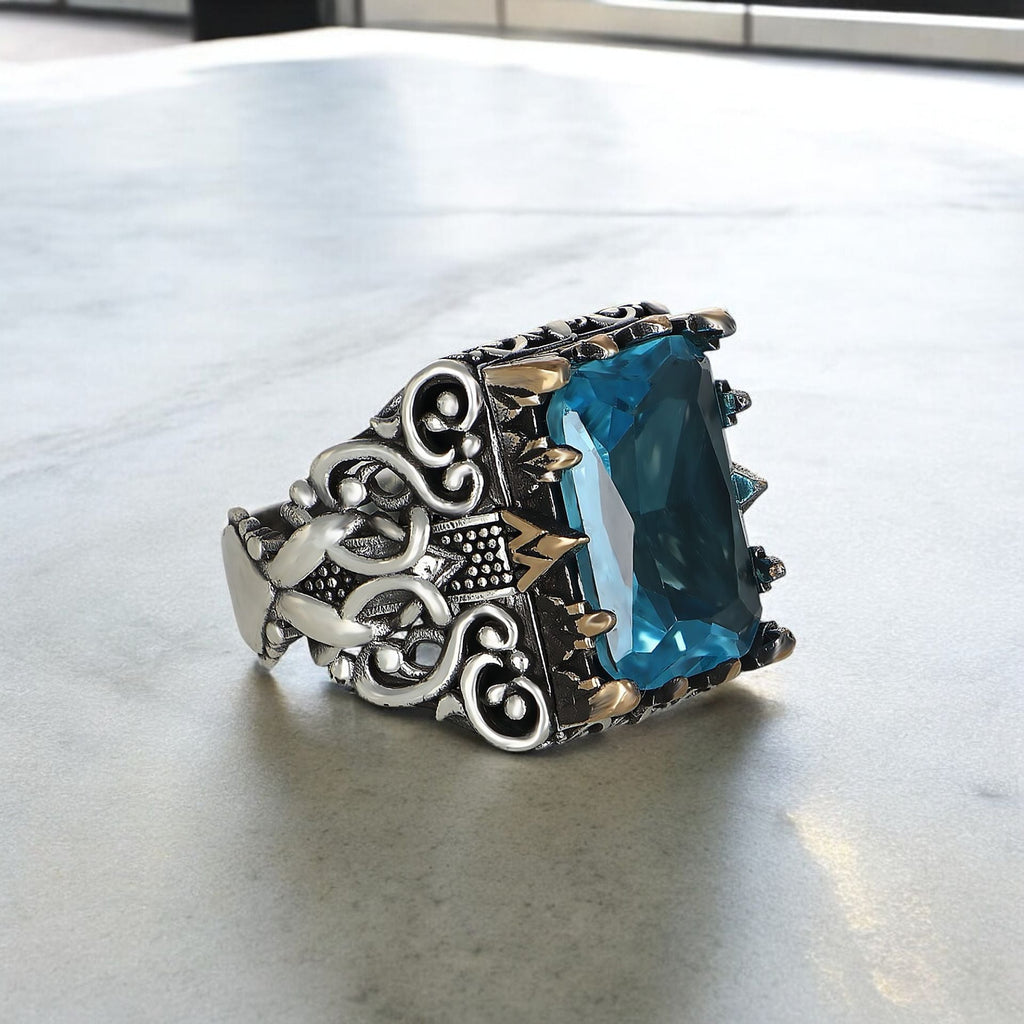 Blue Topaz  Taşlı Desenli Model Erkek Gümüş Yüzük