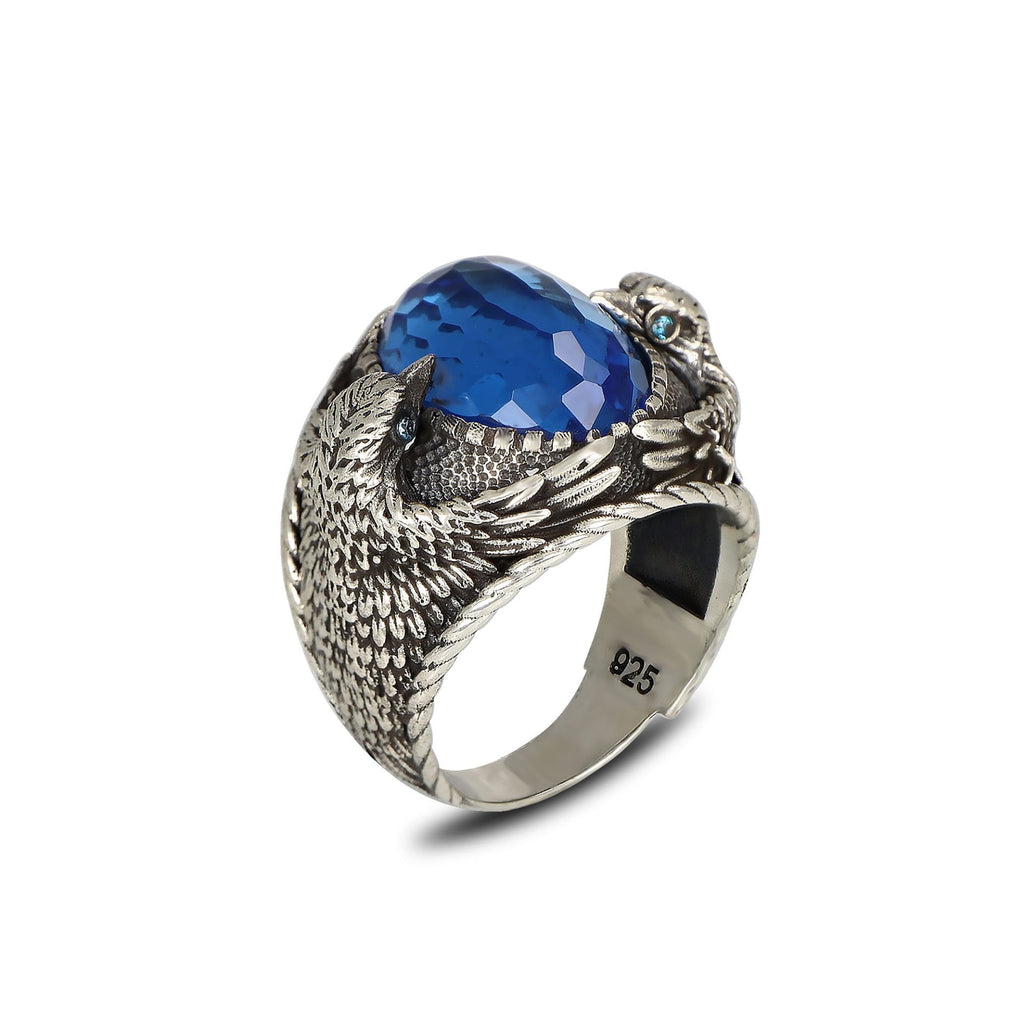 Kartal Figürlü Blue Topaz  Taşlı 925 Ayar Erkek Gümüş Yüzük
