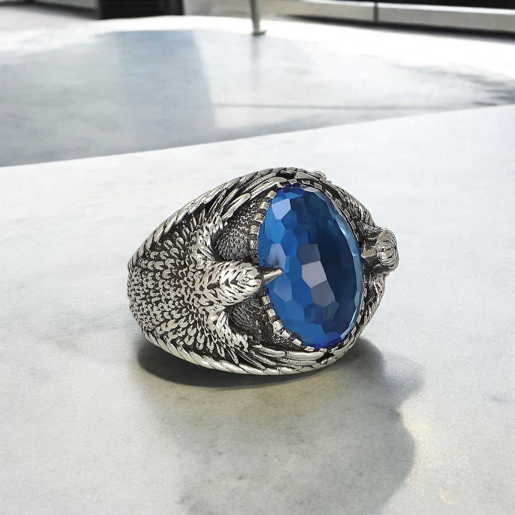Kartal Figürlü Blue Topaz  Taşlı 925 Ayar Erkek Gümüş Yüzük