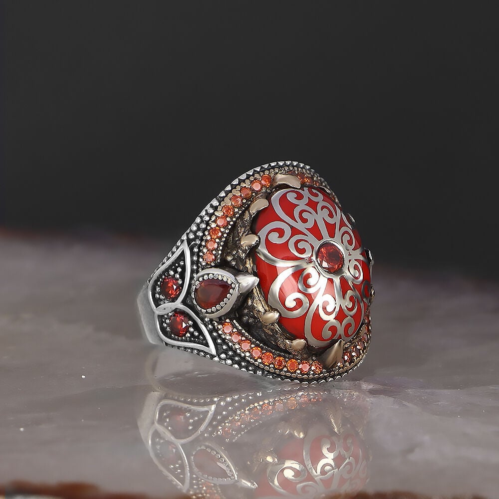 Geometrik Desenli Mine İşçilikli Erkek Gümüş Yüzük