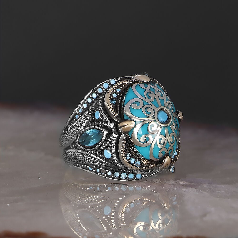 Geometrik Desenli Mine İşçilikli Erkek Gümüş Yüzük